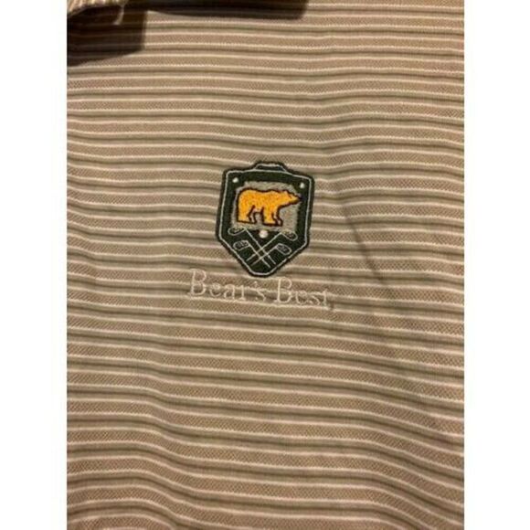 NIKE GOLF BEAR'S BEST GOLF COURSE SIZE LARGE BEIGE STRIPED POLO SHIRT - Picture 2 of 5
